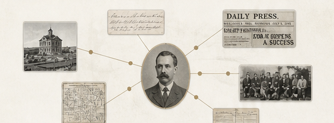 A person connected to photographs, maps, handwriting, newspapers, records, and a group portrait